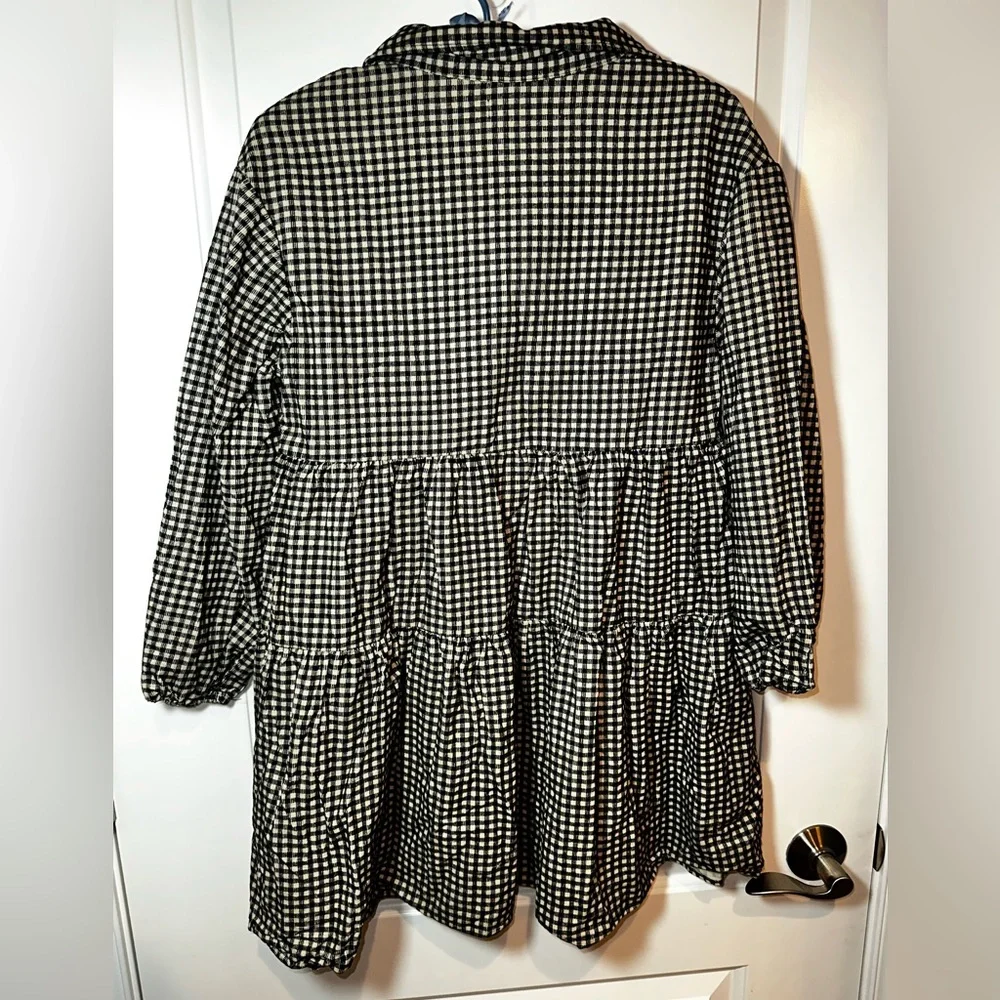 Zara Black Cream Gingham Tiered Babydoll Blouse Women’s 13/14 - Picture 6 of 10